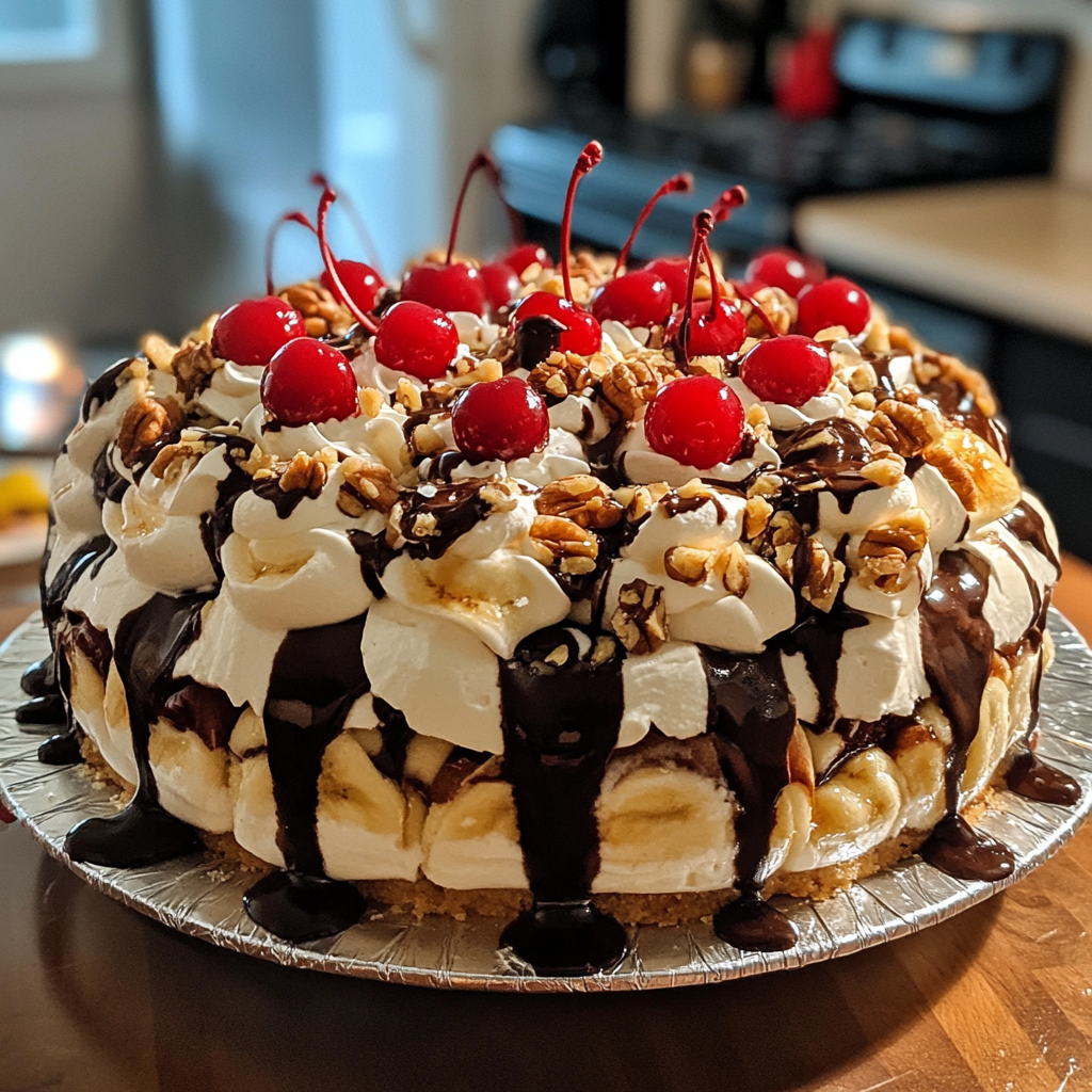 Bananensplit Torte topped with cherries, chocolate sauce, and nuts.