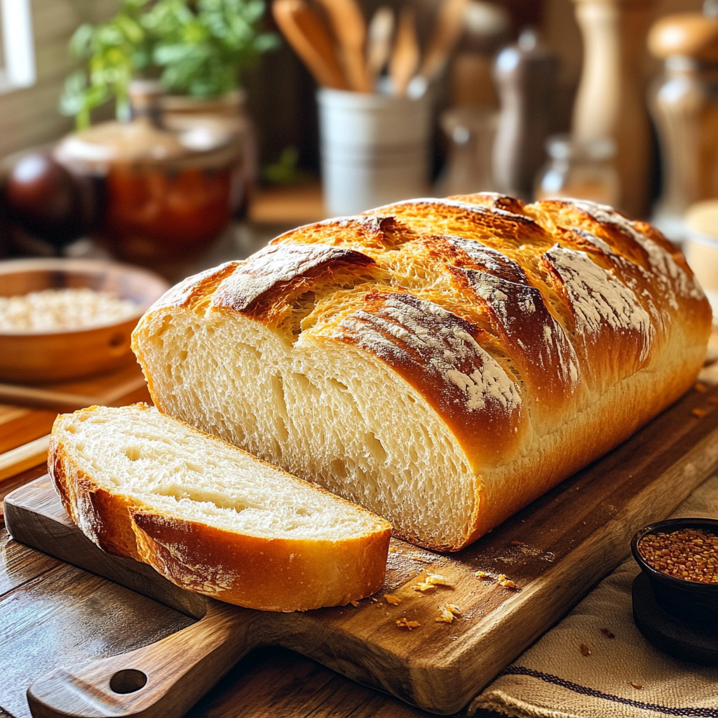 Freshly baked low sodium bread sliced and served on a wooden cutting board