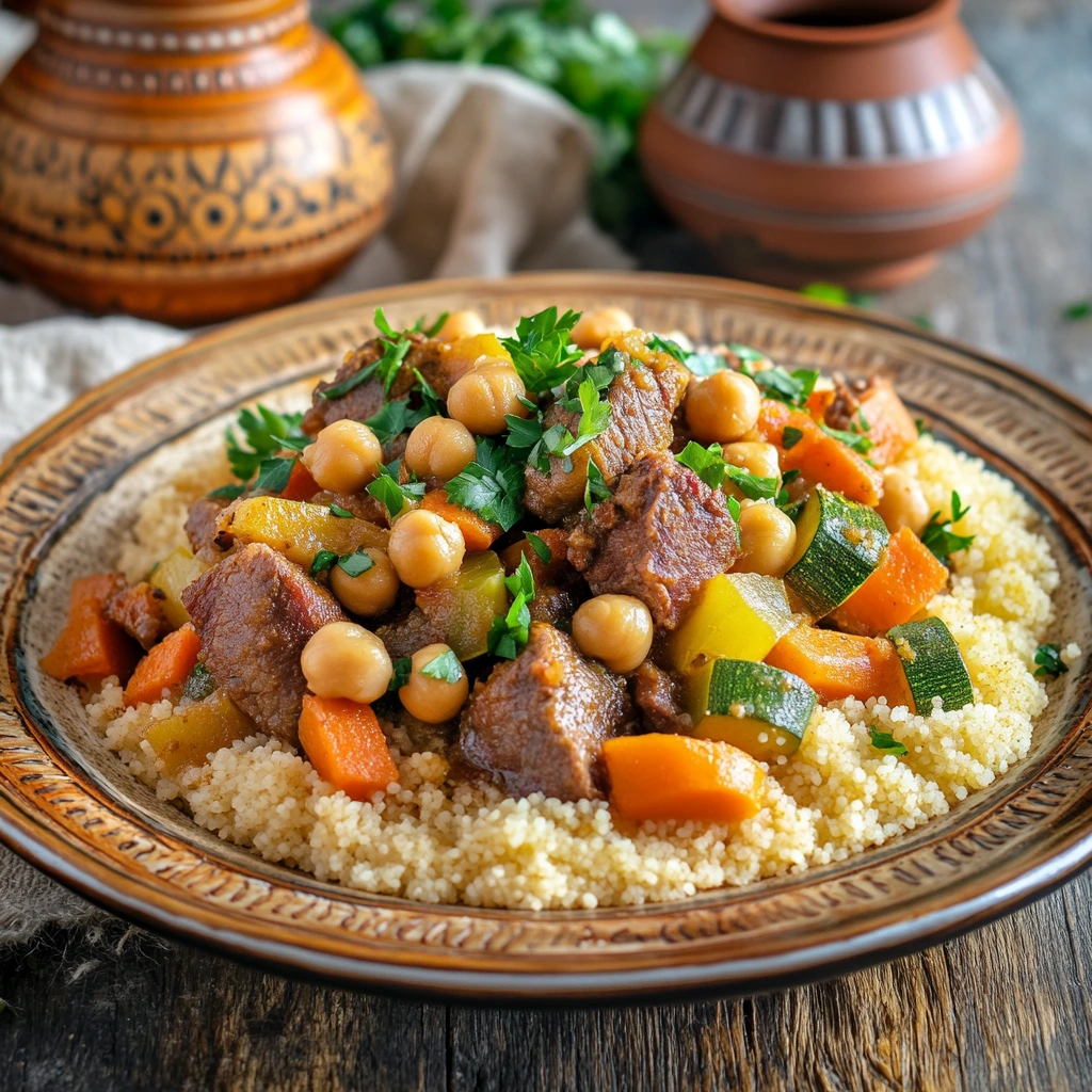 Authentic Algerian Couscous served with lamb, vegetables, and chickpeas.