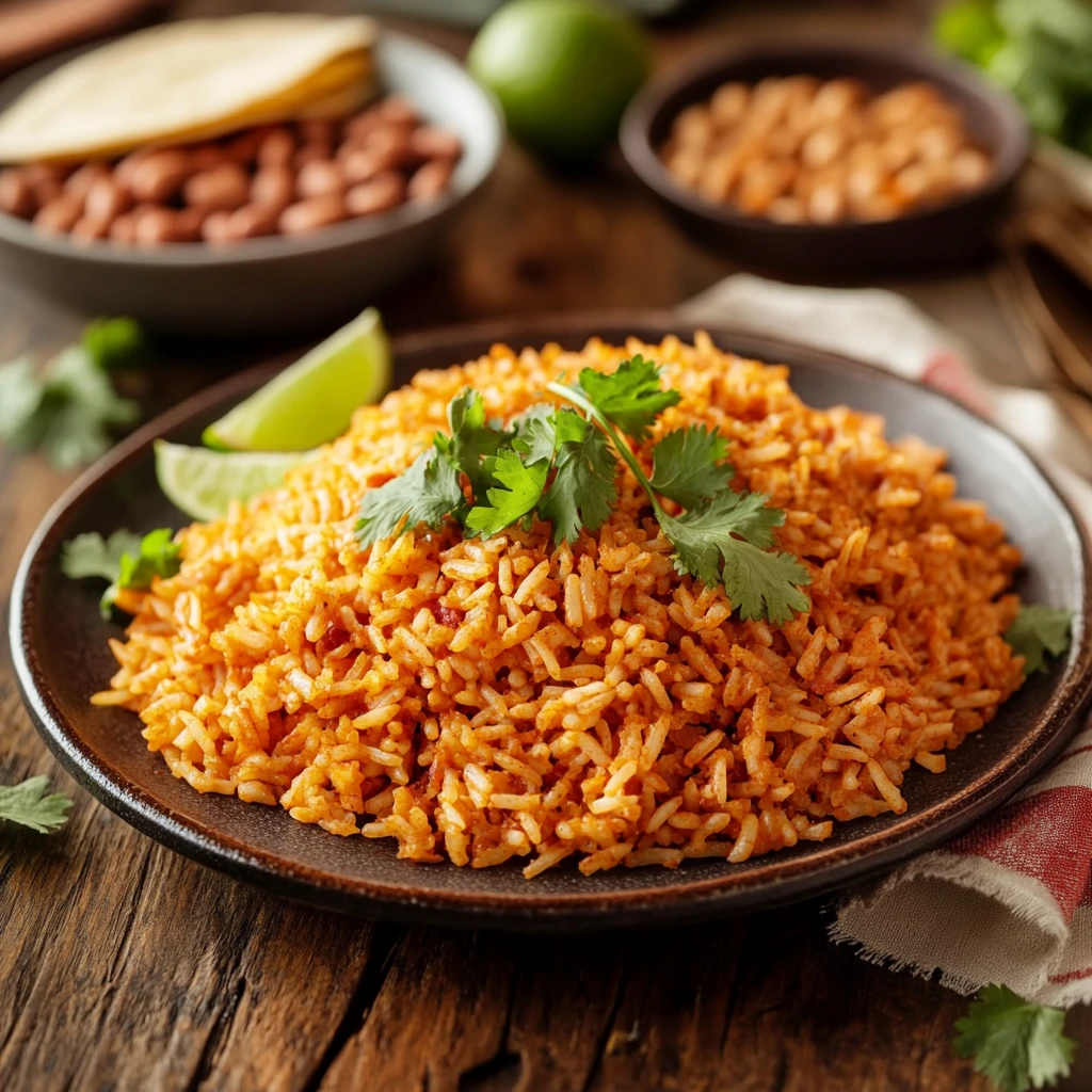 A vibrant plate of Spanish rice with cilantro and lime wedges.