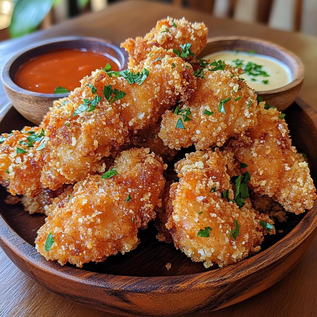 Golden crispy corn flakes chicken fried served with dips.