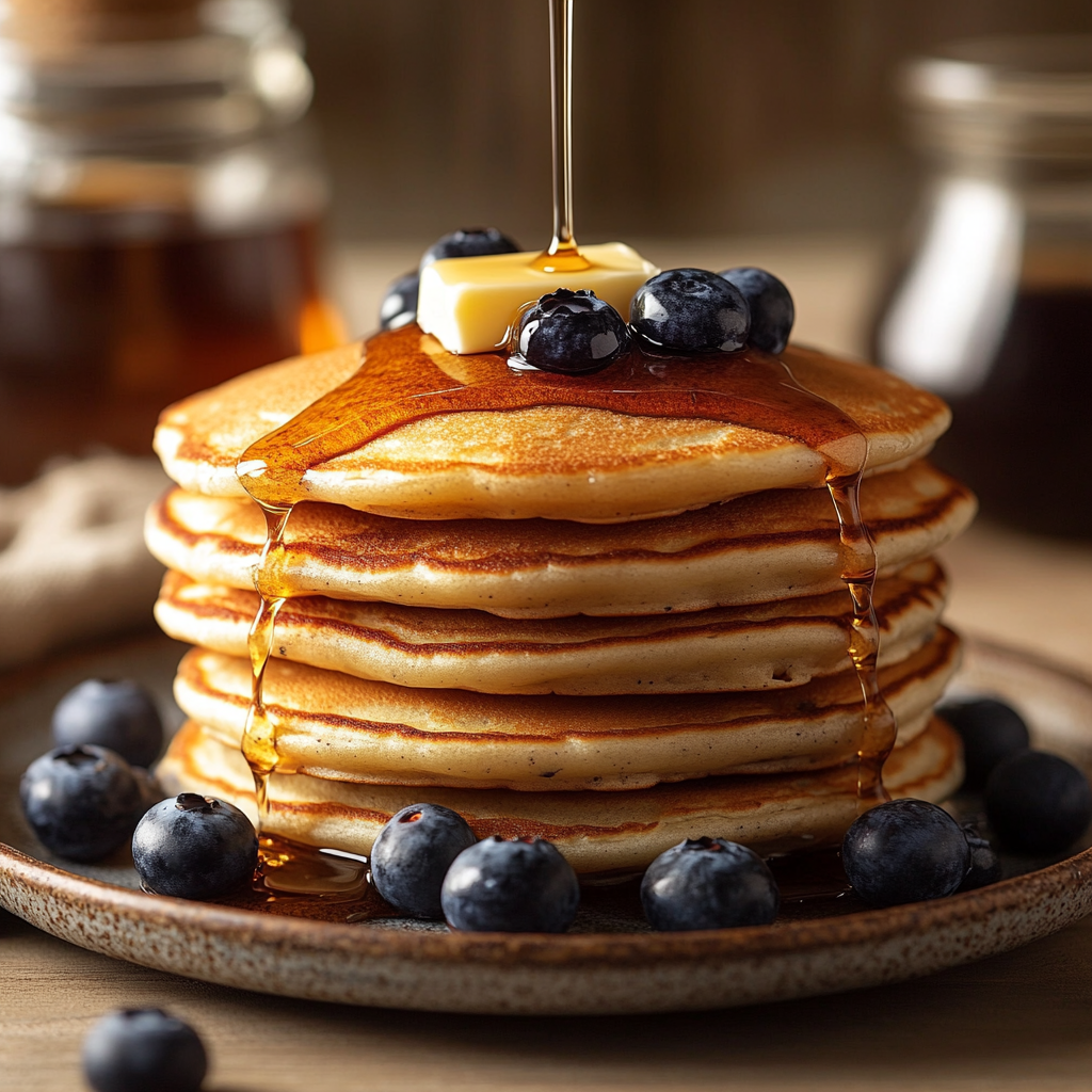 Fluffy almond flour pancakes with blueberries and maple syrup.