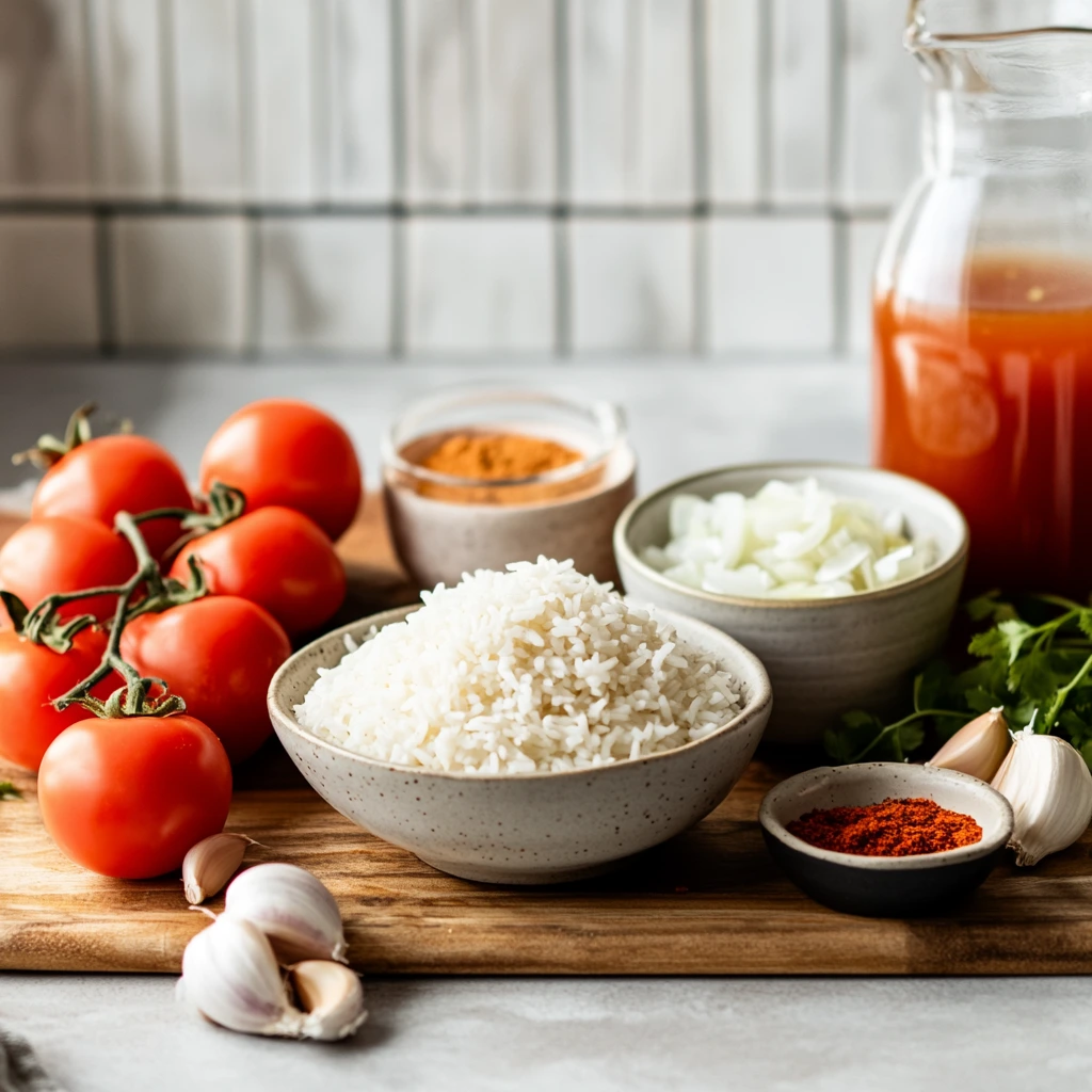 a bowl of rice and tomatoes on a cutting board