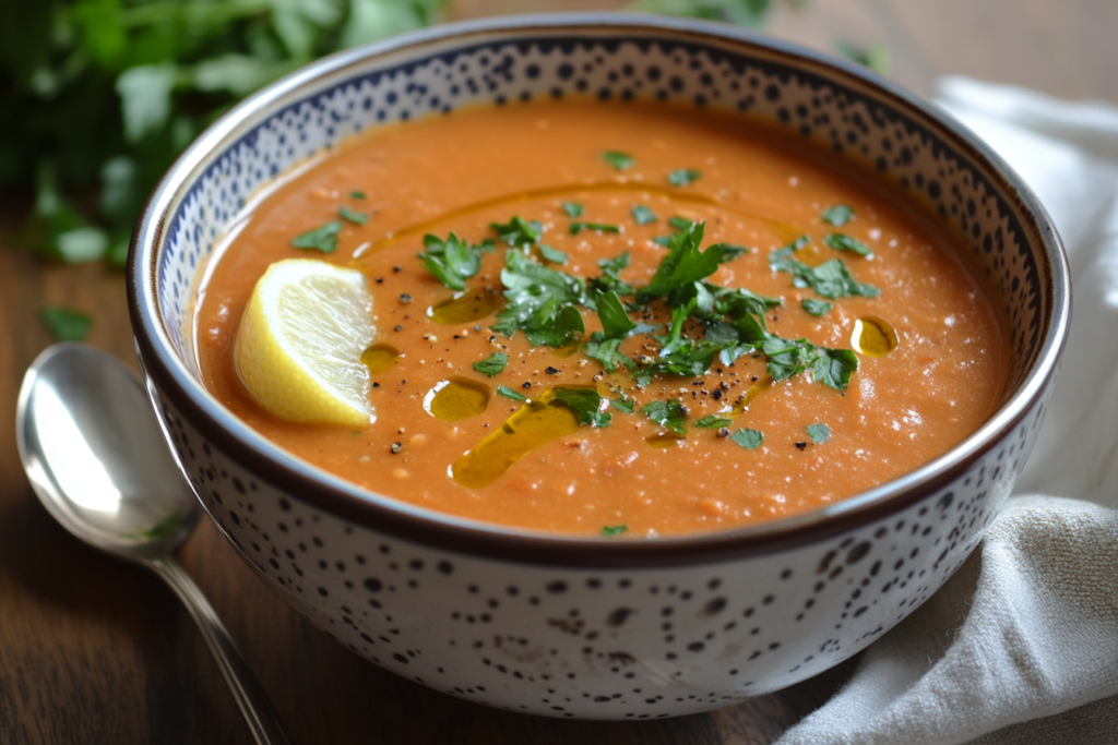 A bowl of Melissa Clark’s red lentil soup garnished with herbs and lemon.