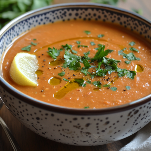 A bowl of Melissa Clark’s red lentil soup garnished with herbs and lemon.