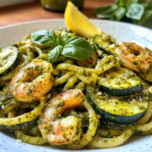 Pesto langostino zucchini pasta served in a modern kitchen.