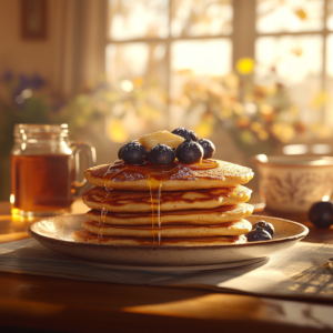 Fluffy almond flour pancakes with blueberries and maple syrup.